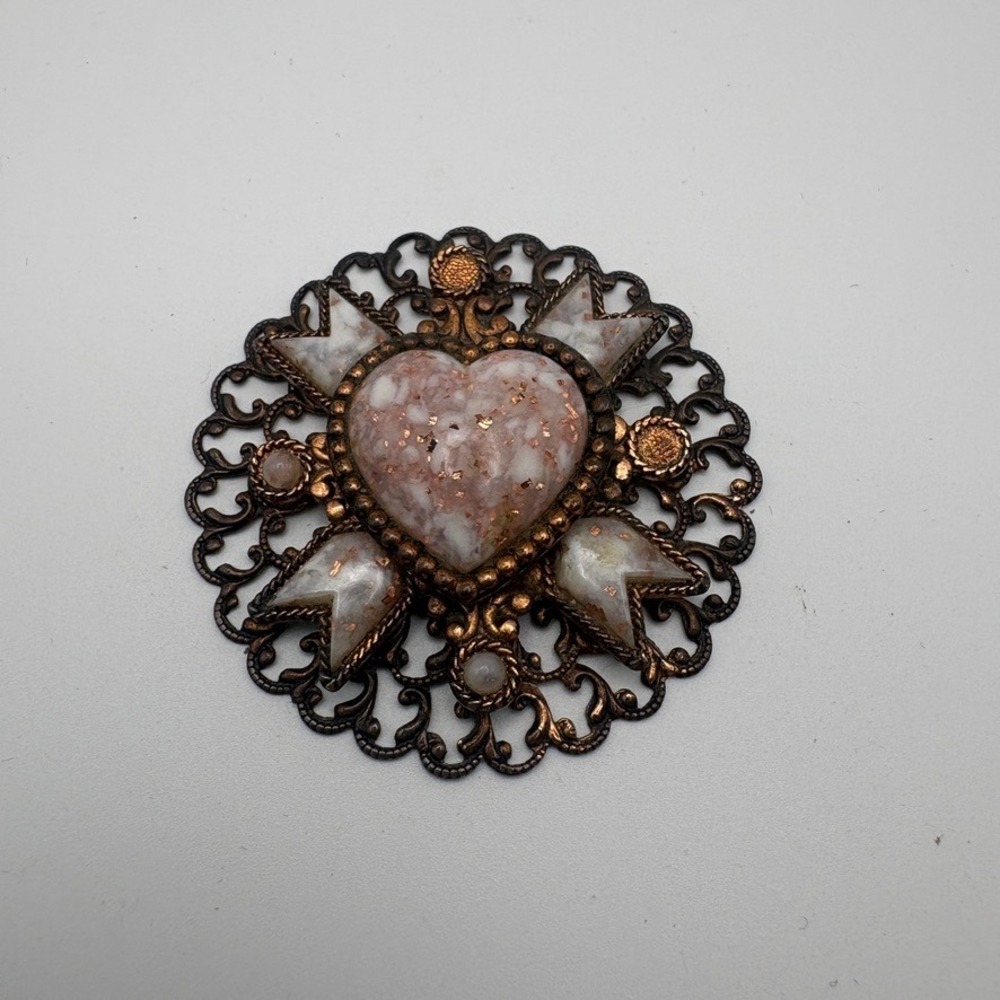 Vintage Heart Filigree Brooch Antiqued Copper Tone Pink Confetti Lucite FLAW